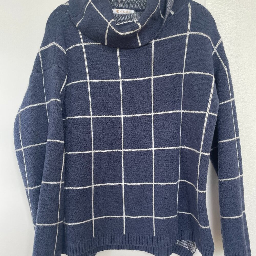 Kirundo Window Pane Cowl Neck, Cozy Knit Sweater in White and Navy, Size Medium